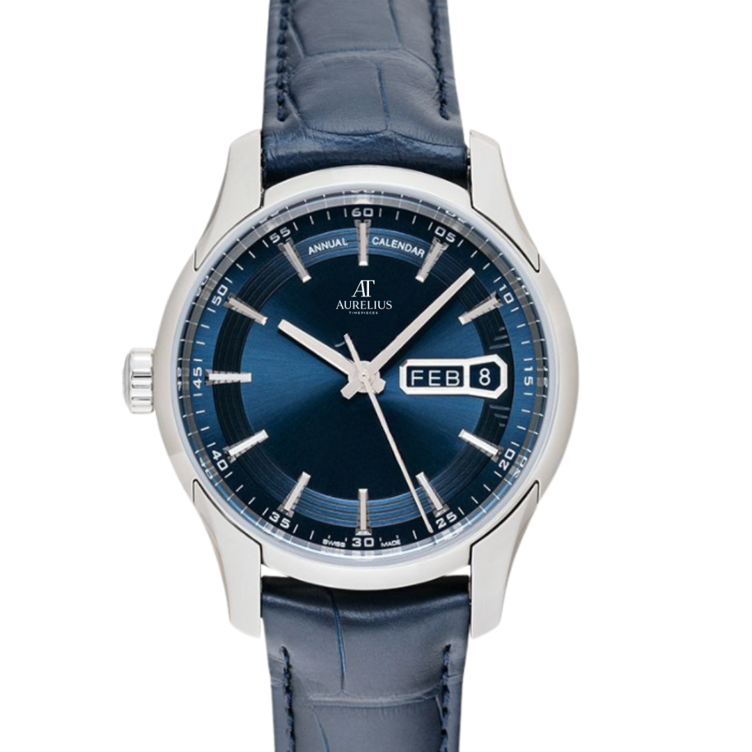 Annual Calendar Global 41 – Blue World Map Dial | Steel Case & Blue Leather Strap